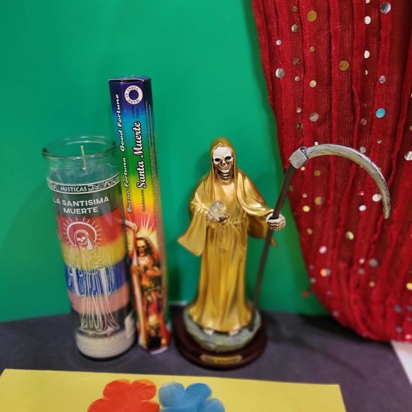 SANTA MUERTE gold Statue 9", Santa Muerte 7 Color Candle & incense bundle .